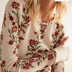 Free People Floral Long Sleeve Top - Cream and Red